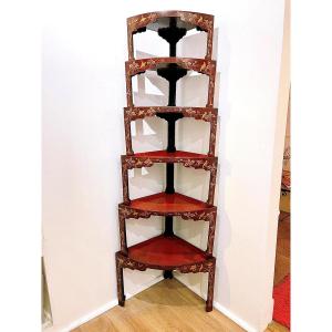 Set Of 6 Small Red Lacquered Wooden Corner Tables With Painted Bird Motifs