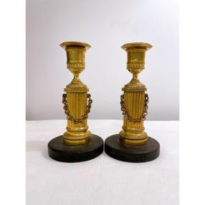 Pair Of Empire Candlesticks, Early 19th Century, In Gilt Bronze