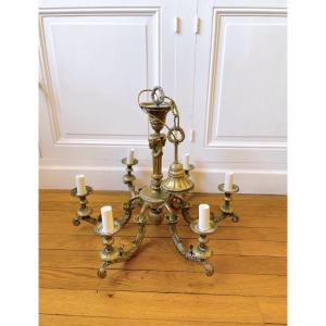 Gilded Bronze Chandelier, 6 Arms, Neoclassical Décor With Louis XVI-style Ram Heads