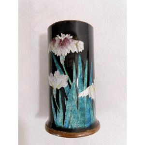 Japanese Copper Vase In Silver-leaf Cloisonné Enamel, Signed Kihyoe Hayashi