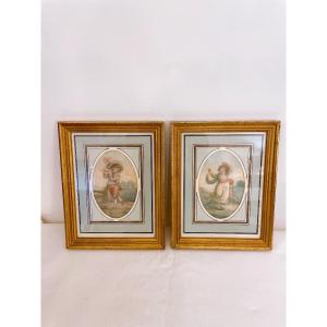 Pair Of Engravings Young Flute Player And Garland Player