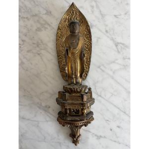 Japan, Meiji Period (1868-1912) Statuette In Gilded Lacquered Wood Representing The Buddha Amida