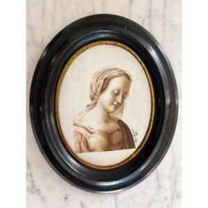 The Virgin Mary, Portrait Painted On Porcelain. Napoleon III Period