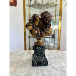 Jean-antoine Houdon (1741-1828) After - The Kiss. Bronze Sculpture With A Gilt Patina