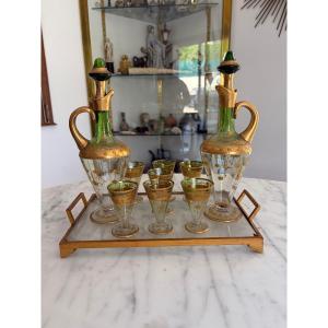 Liqueur Serve In Green Glass, Decorated With Gold Fillets