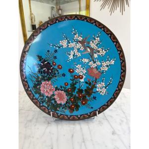 Large Cloisonné Dish With Floral And Bird Design - Japan, 20th Century