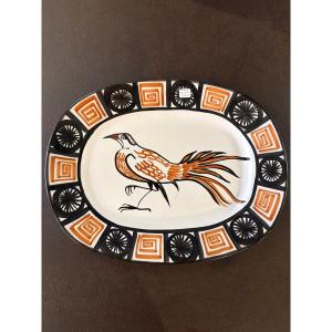 Robert Picault Ceramic Oval Dish With Bird And Geometric Frieze Design