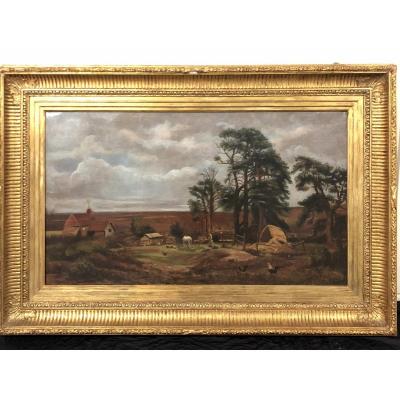 XIXth Century School, Large Farm Table In A Countryside Landscape