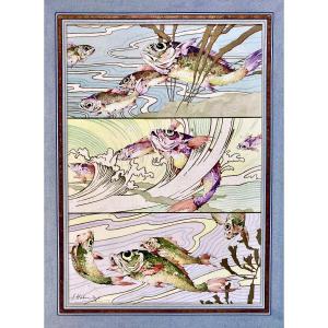 Jules Habert Dys (1850-1930), Aquatic Fantasies, Watercolor, Ink And Golden Gouache, 1885