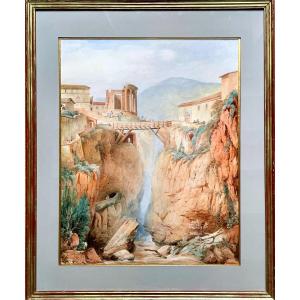 Jean-françois Joseph Lecointe (1783-1858) View Of The Temple Of Vesta In Tivoli, Large Watercolor