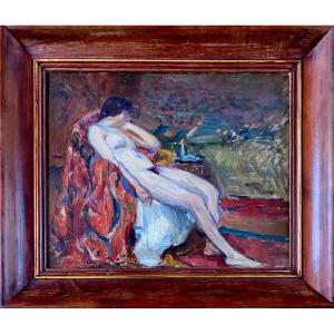 Maurice Tastemain (1878-1944) Female Nude In An Interior, Oil On Panel, Signed 