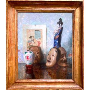 Roger-françois Picquefeu (1864-1956), Japanese Still Life With Noh Masks, Oil On Canvas