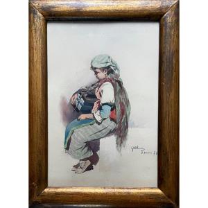 Gaston Bethune, Bohemian Woman With Accordion, Watercolor, Signed, Dated And Located Menton 1878