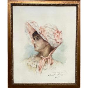 Emilie Guillaumot-adan (1855-1929) Self-portrait With Hat , Watercolor, Signed