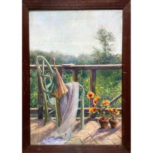 Emilie Guillaumot-adan (1855-1929) The Balcony, Pastel Mounted On Canvas, Signed