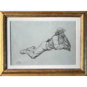 François Alfred Delobbe (1835-1920) Study Of A Breton Peasant, Drawing On Blue-grey Paper