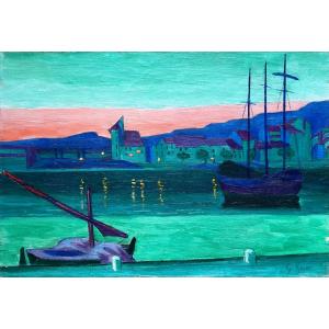 Guillaume Georges Roger (1867 - 1943) View At Twilight Of The Port Of Saint Mandrier, Signed Oil