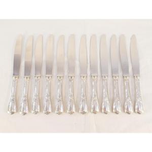 Christofle 12 Large Silver Metal Knives Marly Model Stainless Steel Blade