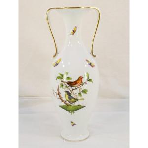 Herend Hungary Rothschild Vase With Double Handles In Porcelain With Bird Decoration