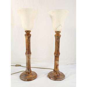 Pair Of Vintage Lamps In Natural Stone And Alabaster Pegasam Style