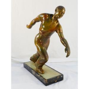 Statue In Spelter Marble And Onyx Base The Petanque Player