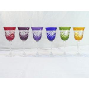 6 Large Colored Glasses Cristallerie De Lorraine