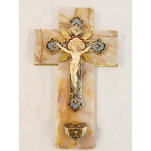 Large Benitier Crucifix Wall Mounted Onyx And Gilded Bronze Cloisonné 19th