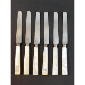 6 Dessert Knives With Solid Silver Blades, Minerva Design, And Mother-of-pearl Handles