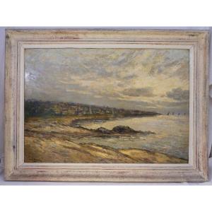 Large Painting Signed Emile Breysse, Seaside Scene At Granville