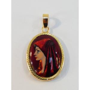 Exquisite 18k Gold And Limoges Enamel Pendant By R. Restoueix, La Fabiola