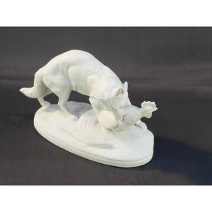 Sèvres Biscuit Porcelain Statue Of A Fox And A Rooster Signed C. Masson