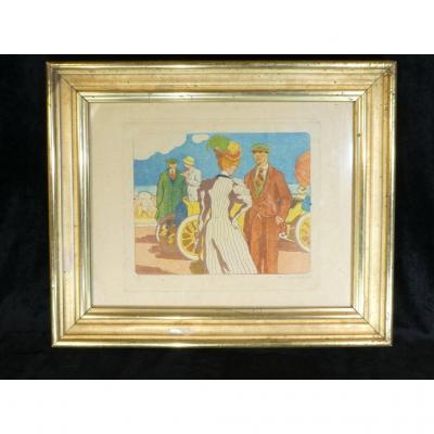 Georges Lepape 1887-1971 Rare Strong Water Aquatint Color '' The Promenade '' 1906