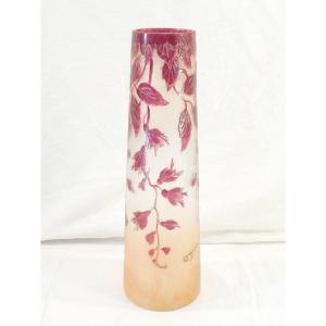 Large Ruby Legras Vase In Frosted Glass Cleared With Acid Art New