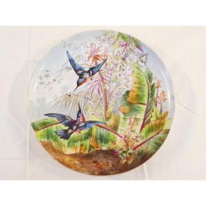 Large Porcelain Dish From Limoges Or Paris Around 1900 Decorated With Martin Pecheur