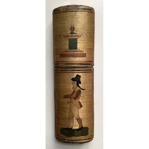 Straw Marquetry Case With Character And Flower Decor 