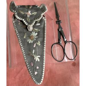 A Pair Of Embroidery Scissors With A Silk Fabric Case Embroidered With Flowers 