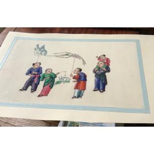 Chinese Gouache Painting On Rice Paper, Children's Game Decoration