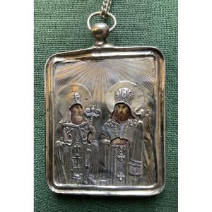A Small Russian Icon In Silver