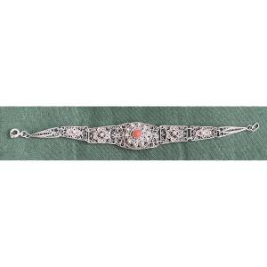 Filigree Silver Bracelet With Coral Center