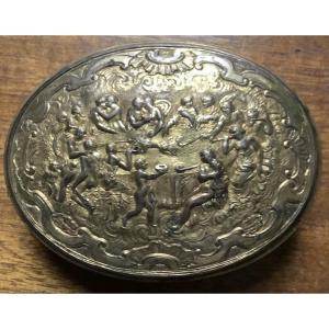 A Metal Alloy Box Decorated With An Antique Banquet Scene