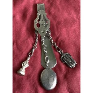 Solid Silver Chatelaine With Seal, Medal And Coin Holder