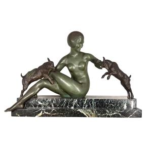Art Deco Bronze - Woman Playing With 2 Kids - Maurice Guiraud Rivière