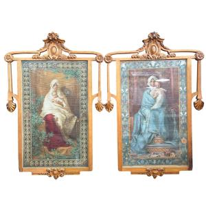Pair Of Incredible Wooden Frames With Painted Tapestry Of The Virgin And Child 