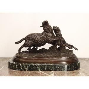 Bronze Animal Sculpture - Dog And Sheep - Isidore Jules Bonheur - d'Estray Foundry 