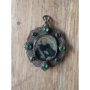 Silver Filigree Reliquary Medallion Of Saints, Antique 18th Century 