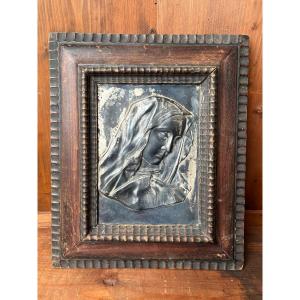 Bas-relief Of The Virgin Mary - Carved Frame - Work From The 19th Century