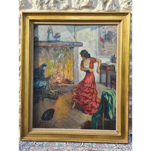Oil On Plywood Spanish Dancer By The Fireside By Ludovic Gignoux 1958