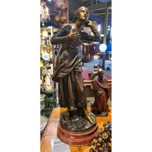 Large Bronze "joan Of Arc Listening To The Voices" Attributed To Dumaigue Etienne Henry (1830-1888)