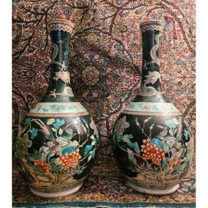 Pair Of Chinese Enameled Porcelain Vases,black Famille , 19th Century