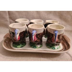 Sarreguemines, Tray And Its 6 Turkey Egg Cups